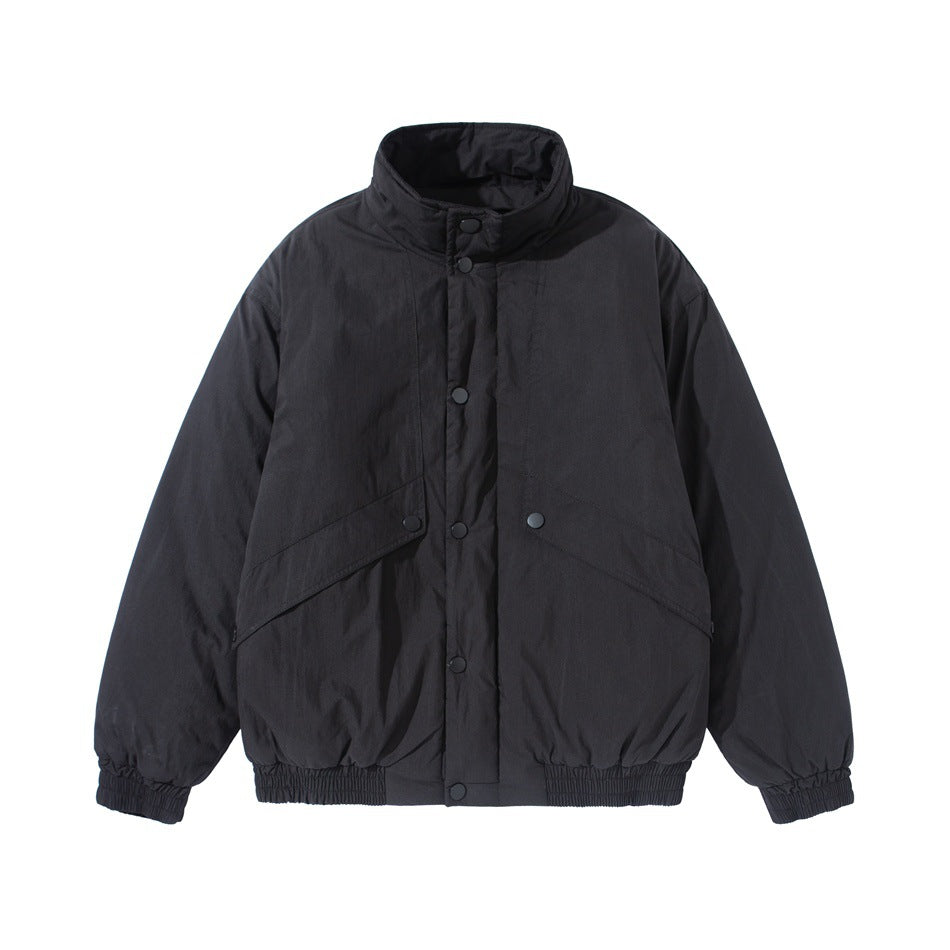 Black stand-collar padded jacket, front flat lay, with snap placket, angled flap pockets and elastic cuffs