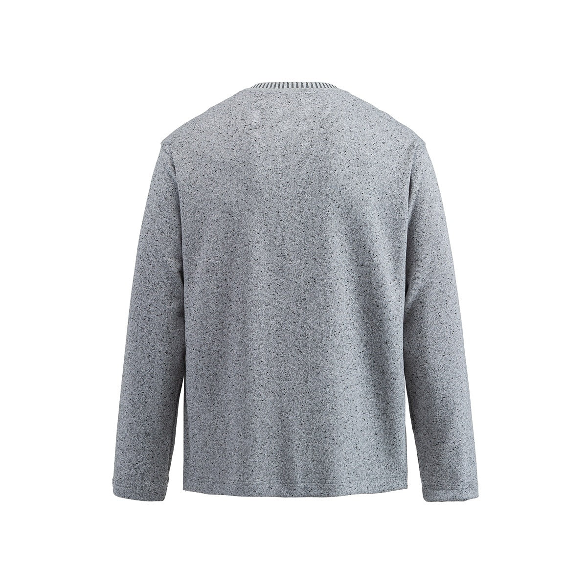 Back view of a long-sleeve speckled light gray top with a striped crewneck collar.