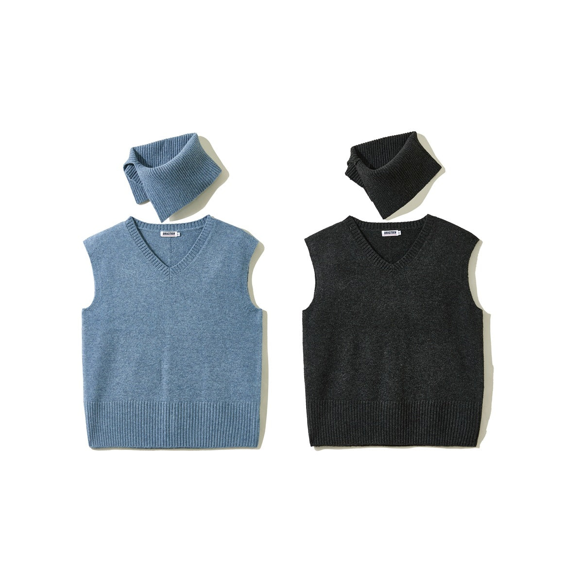 Blue and charcoal sleeveless V-neck knit vests, each shown with a matching ribbed neck warmer.