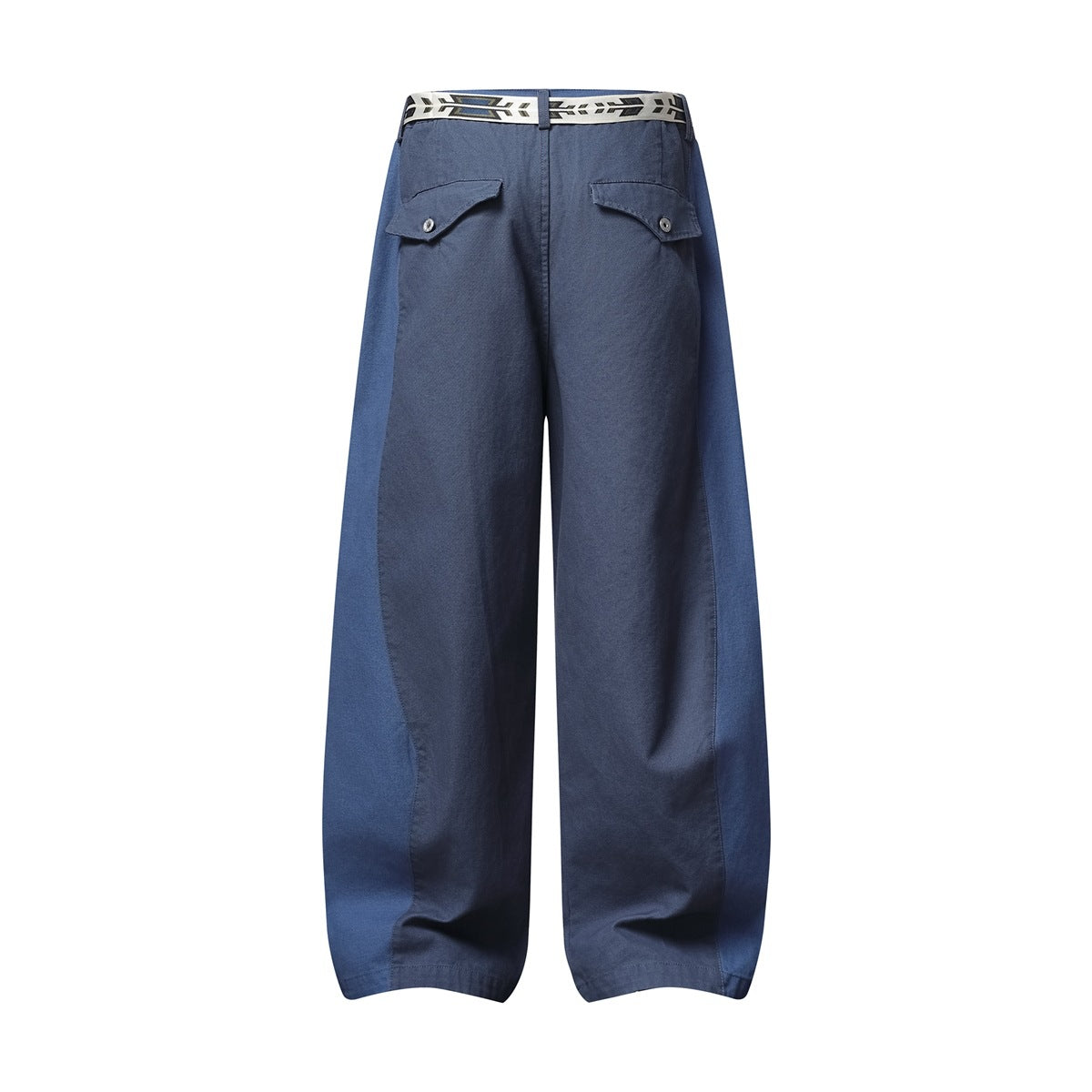 Full rear view of blue wide-leg trousers with two buttoned flap pockets and a patterned cream belt.
