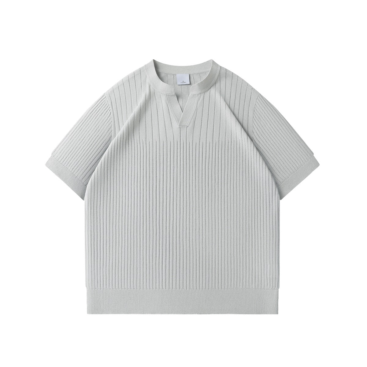 Light gray ribbed knit short-sleeve top with V-notch round neckline, flat front view