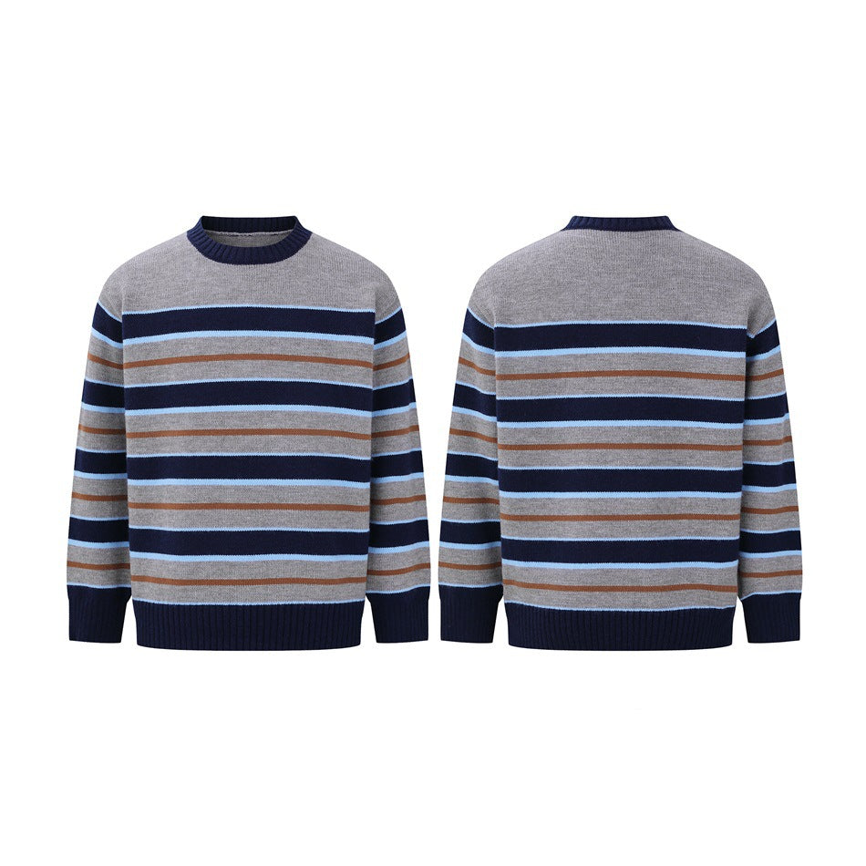 Gray crew-neck sweater with navy, light blue, and rust horizontal stripes, shown from the front and back.
