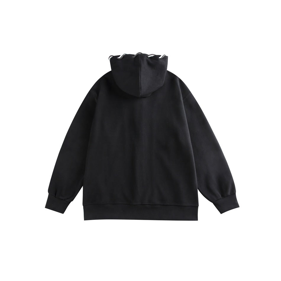Back view of a black hooded sweatshirt with white and pink cord loops around the hood.