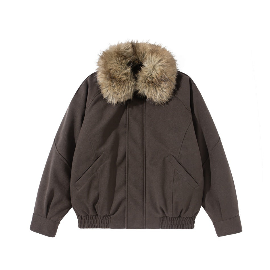 Coffee brown bomber-style jacket with a fur-like collar, front flat lay, slanted pockets, elastic hem and tabbed cuffs