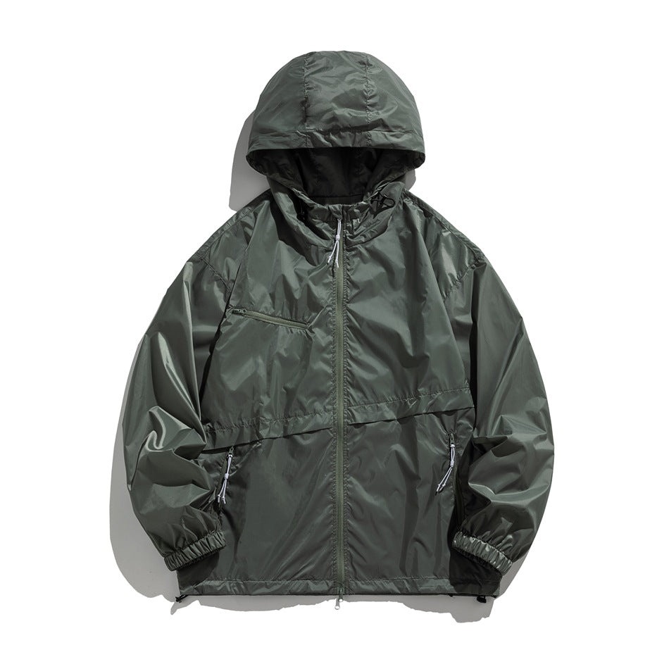 Green hooded zip-front jacket flat lay with chest zip pocket, front zip pockets, elastic cuffs and drawcord hem