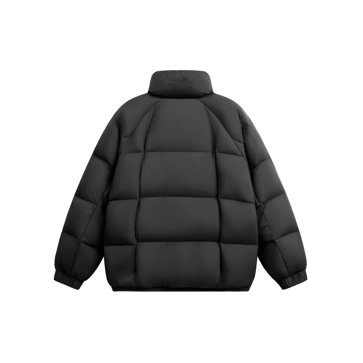 Back view of a black padded jacket with a high collar, horizontal quilted panels, and elastic cuffs.