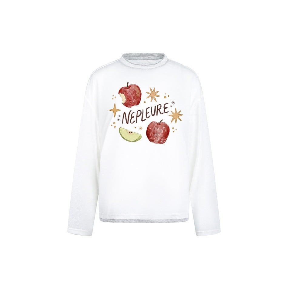 White long-sleeve tee with gray layered collar and hem and an apple and stars graphic on the front