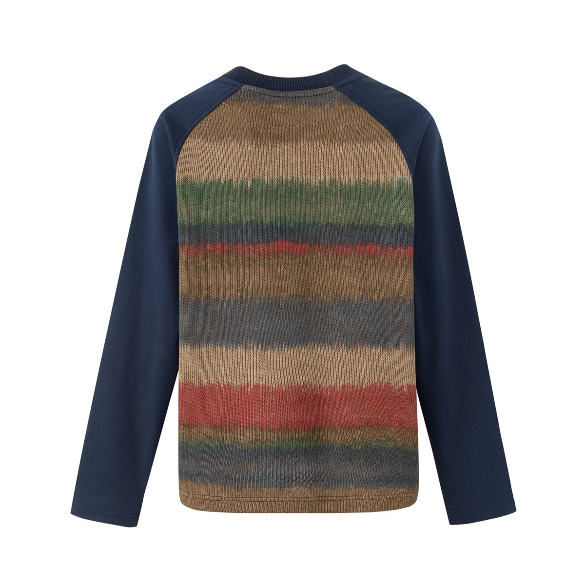 Back view of a sweater with navy raglan sleeves and a brown knit body patterned with muted horizontal stripes.