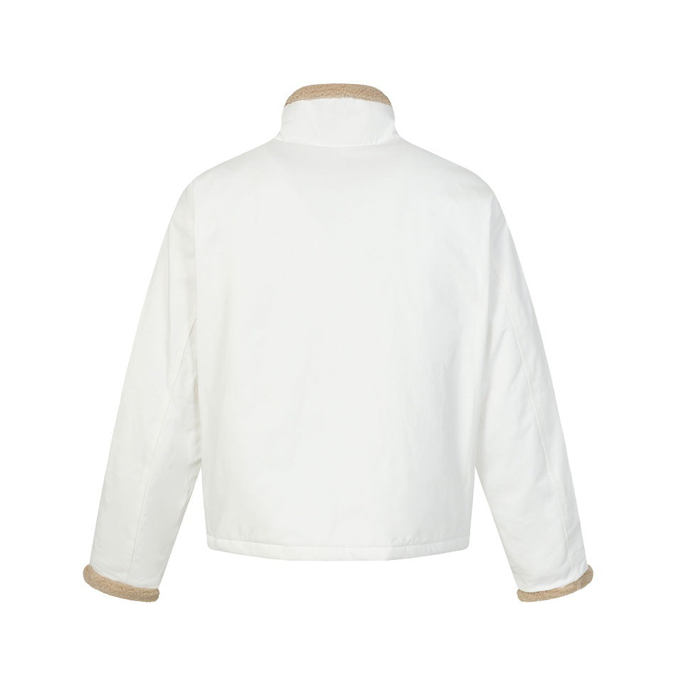 Back view of white stand-collar jacket with beige fleece-like collar and cuff lining