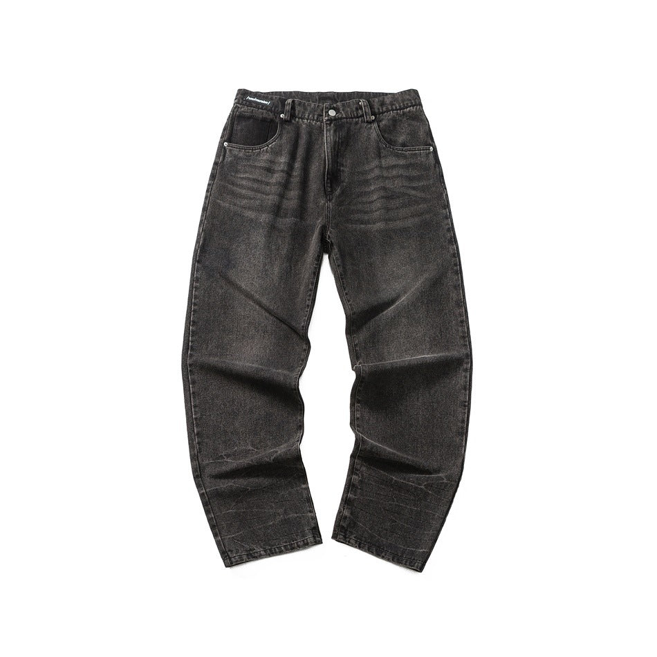 Flat-lay front view of black faded wash straight-leg jeans with belt loops, button waist and front pockets