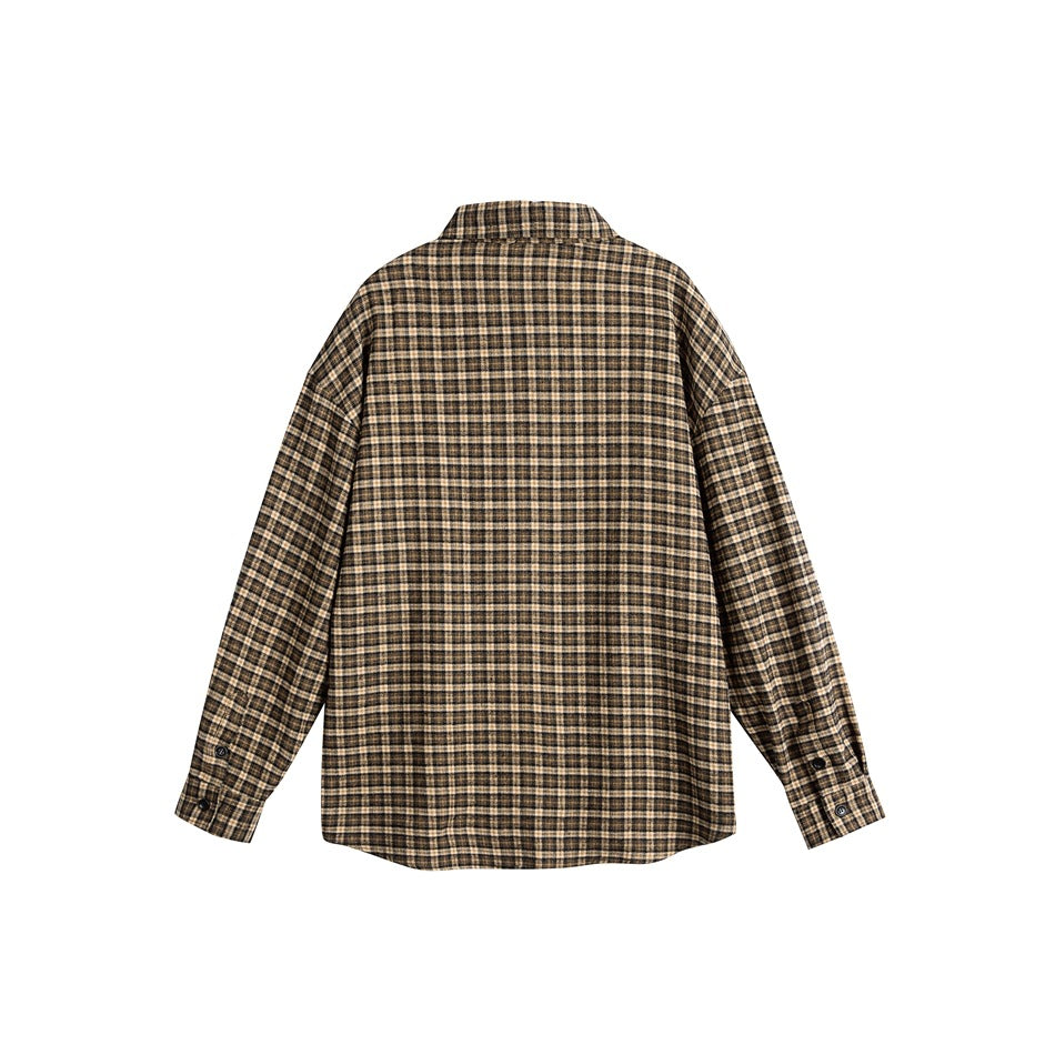 Back view of brown plaid long-sleeve shirt with buttoned cuffs, flat lay on white background