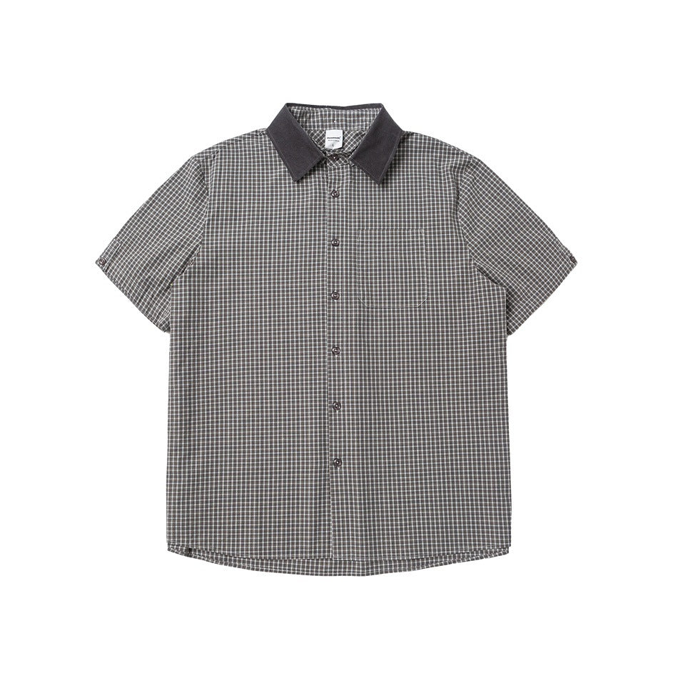 Gray small-check short-sleeve button shirt with dark gray textured collar and chest pocket, flat lay