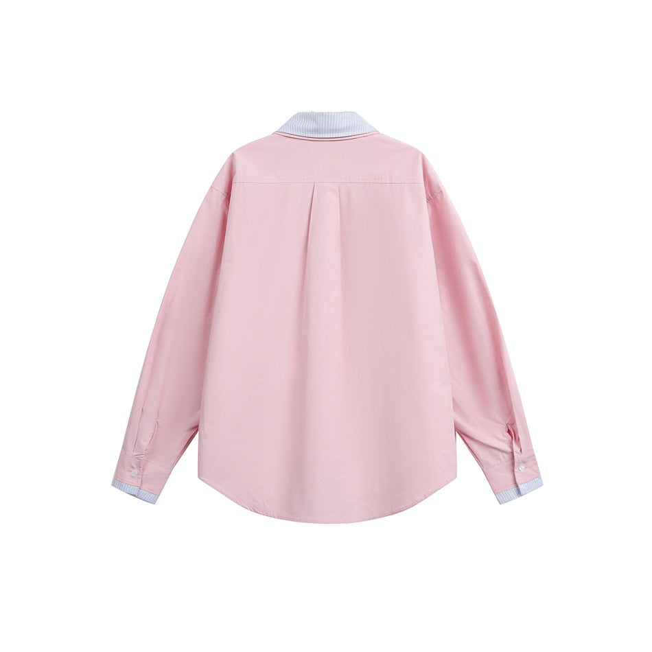 Back view of a pink long-sleeve shirt with a striped collar and cuffs.