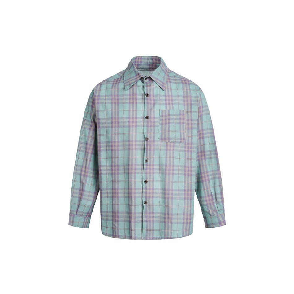 Mint green and purple plaid long-sleeve button-up shirt with chest pocket, front flat view on white background