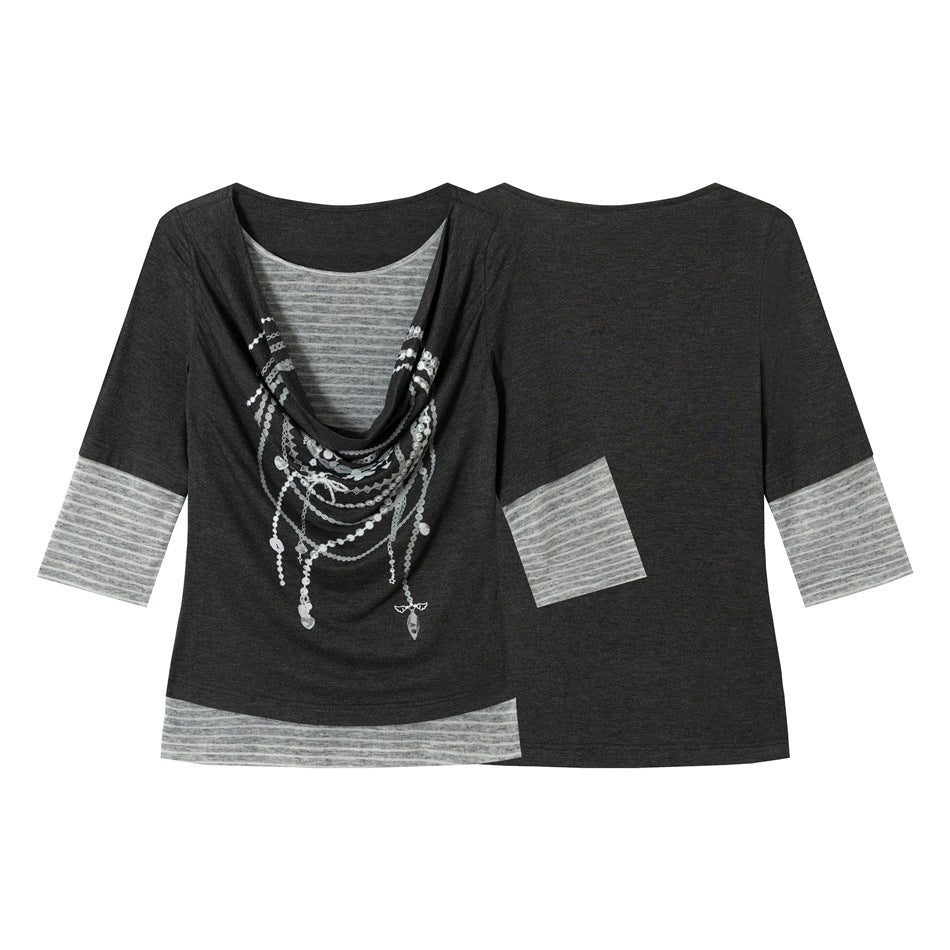 Front and back views of a dark gray top with a cowl neckline, chain print, and light gray striped sleeve and hem panels.