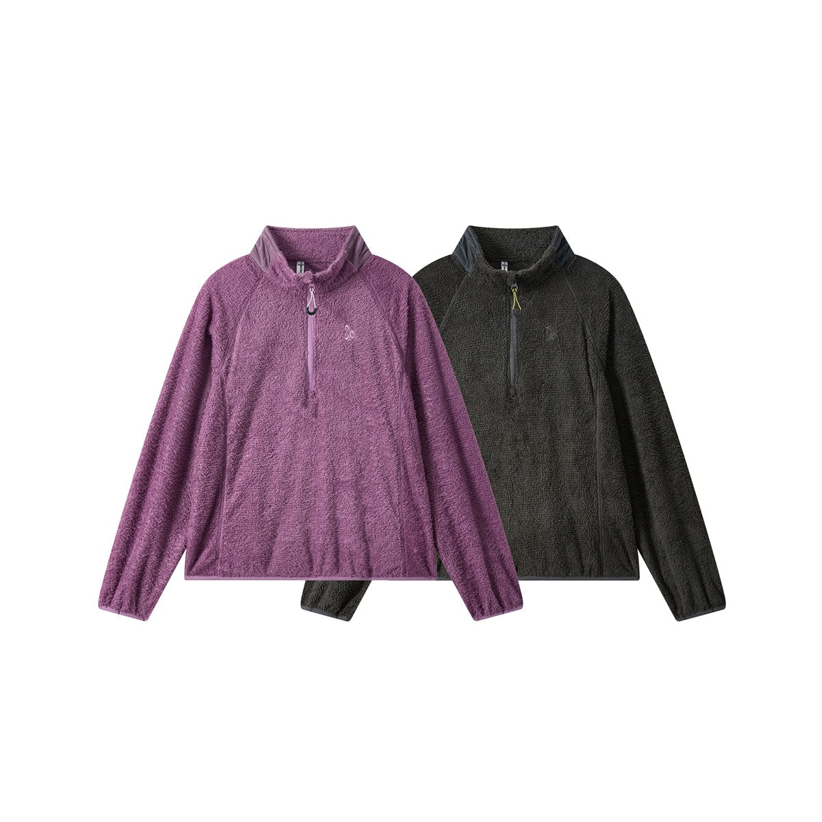 Two front-view quarter-zip fleece pullovers, one mauve and one charcoal, with stand collars and long sleeves.