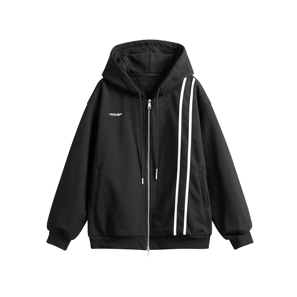 Black zip-up hooded jacket with two white diagonal stripes, drawstrings, slit pockets and ribbed cuffs, flat front view