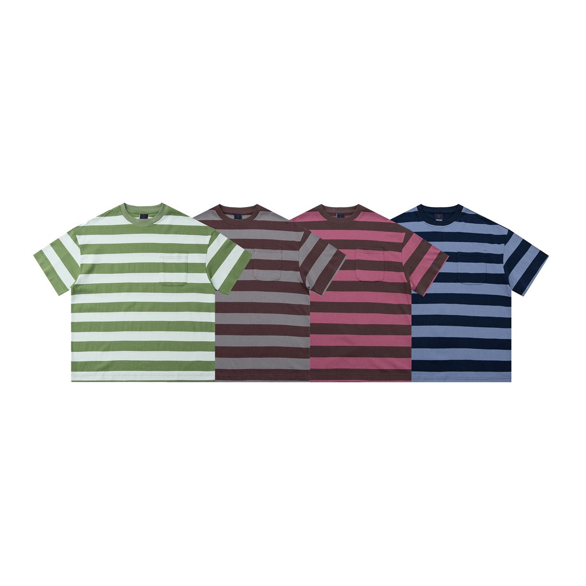 Four front-view striped crew-neck T-shirts with chest pockets in green and white, taupe and brown, pink and brown, and blue