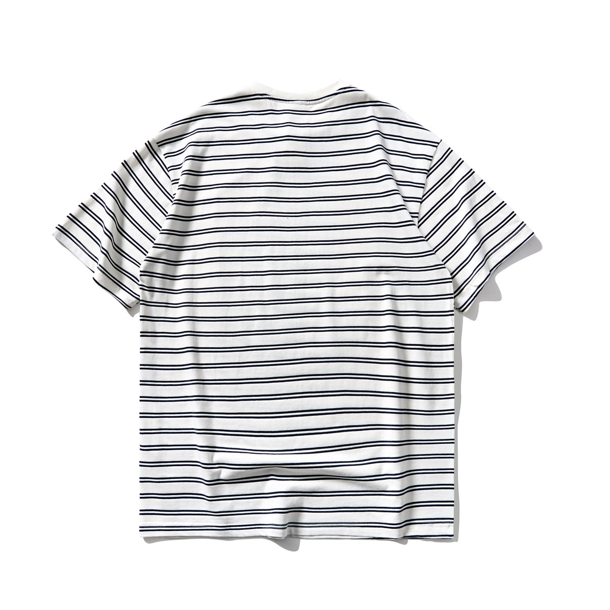 Back view of white short-sleeve T-shirt with navy double stripes, flat lay
