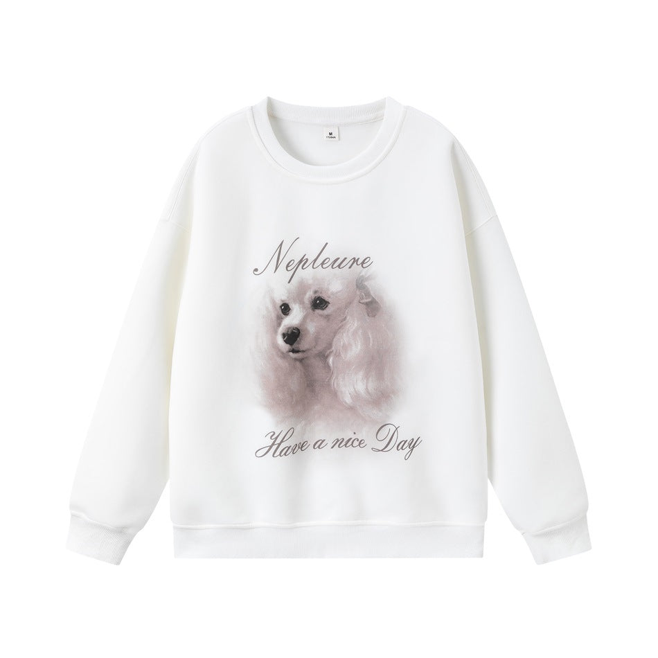 White crewneck sweatshirt with a soft-focus poodle print and script text on the front