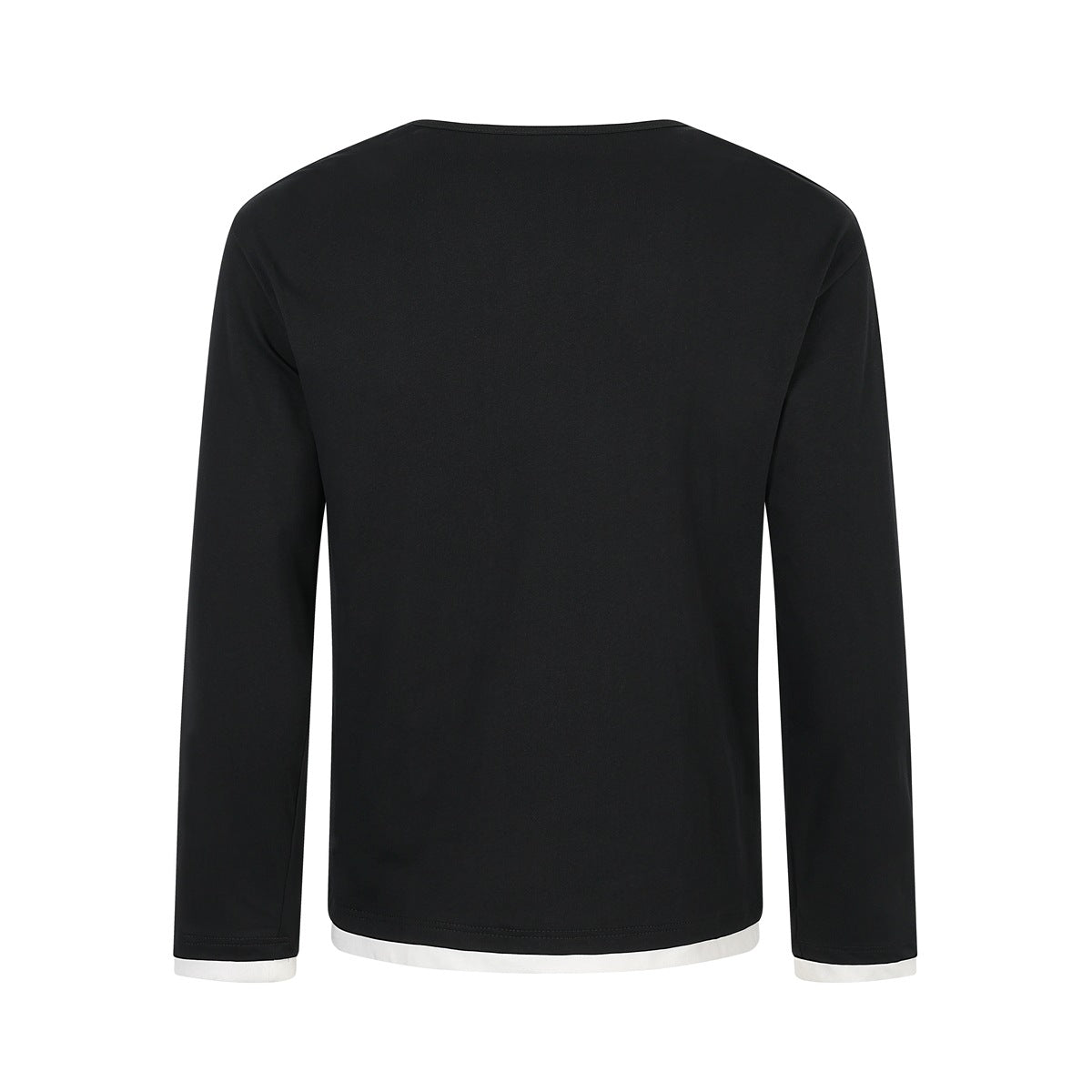 Back view of plain black long-sleeve top with white contrast trim at hem and cuffs