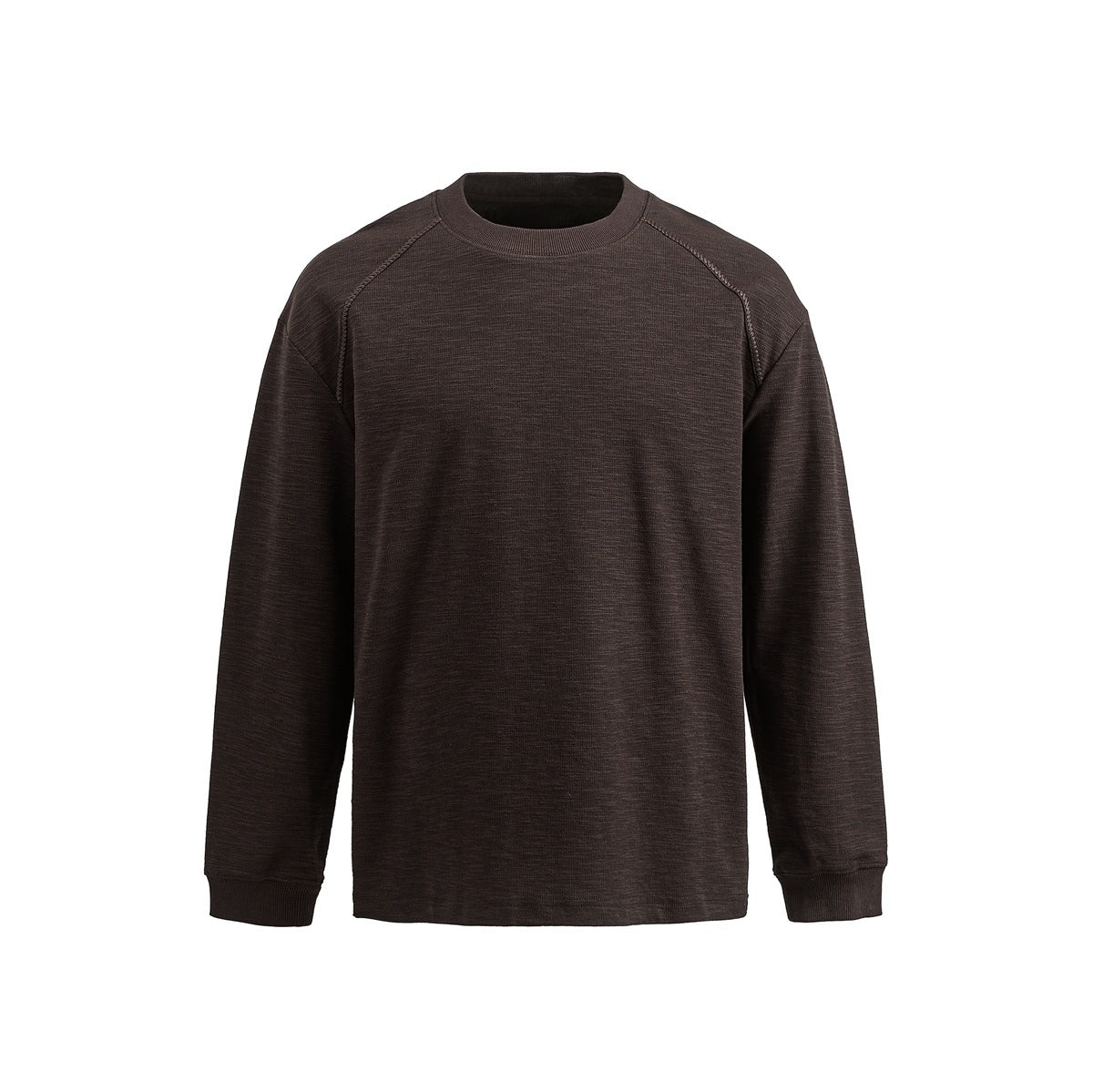 Coffee brown crew-neck long-sleeve raglan pullover with ribbed collar and cuffs, flat front view on a plain background