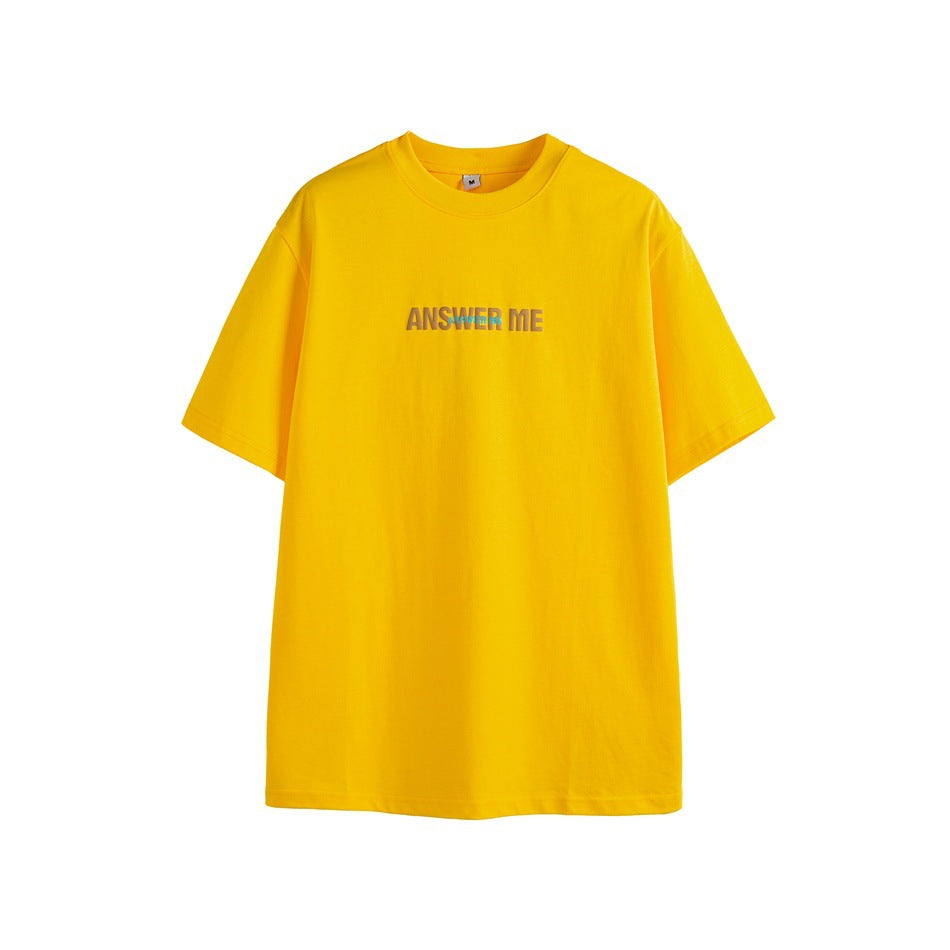 Yellow short-sleeve crew-neck T-shirt with small 'ANSWER ME' chest print, flat front view on white