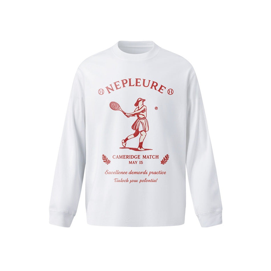 White long-sleeve crew-neck tee with red vintage tennis player graphic and NEPLEURE lettering, front view
