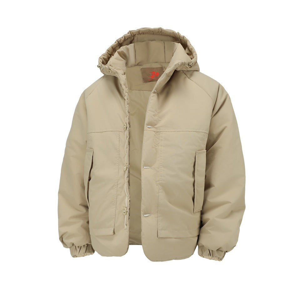 Khaki padded jacket, front view with buttons open, showing inner lining, hood and flap pockets