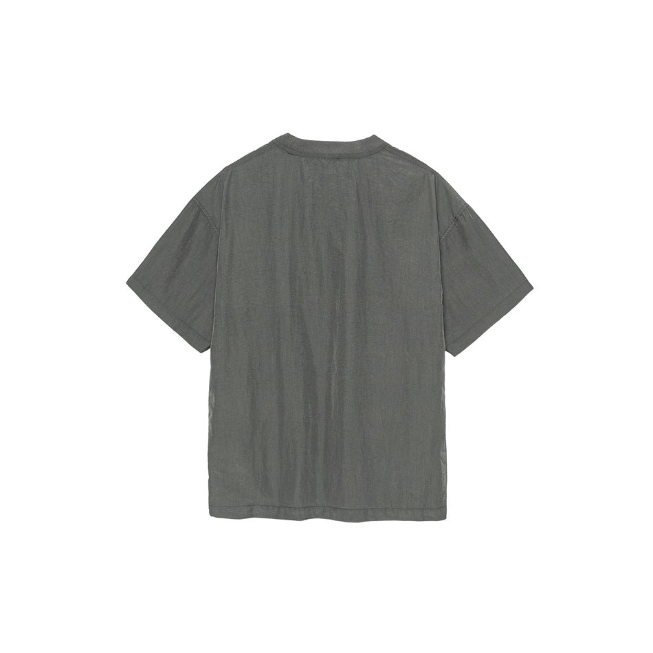 Back view of dark gray short-sleeve crew-neck T-shirt with plain crinkled fabric, flat lay