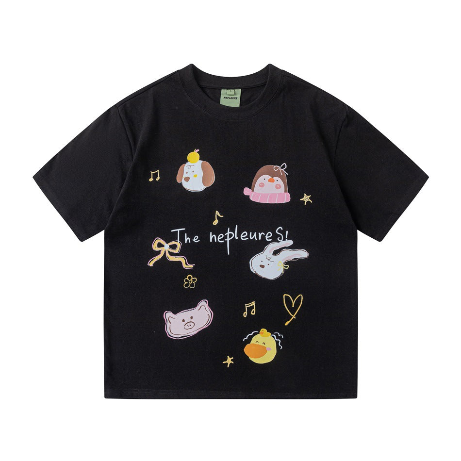 Black short-sleeve crew neck T-shirt with cartoon animal faces, bow and music notes printed on the front