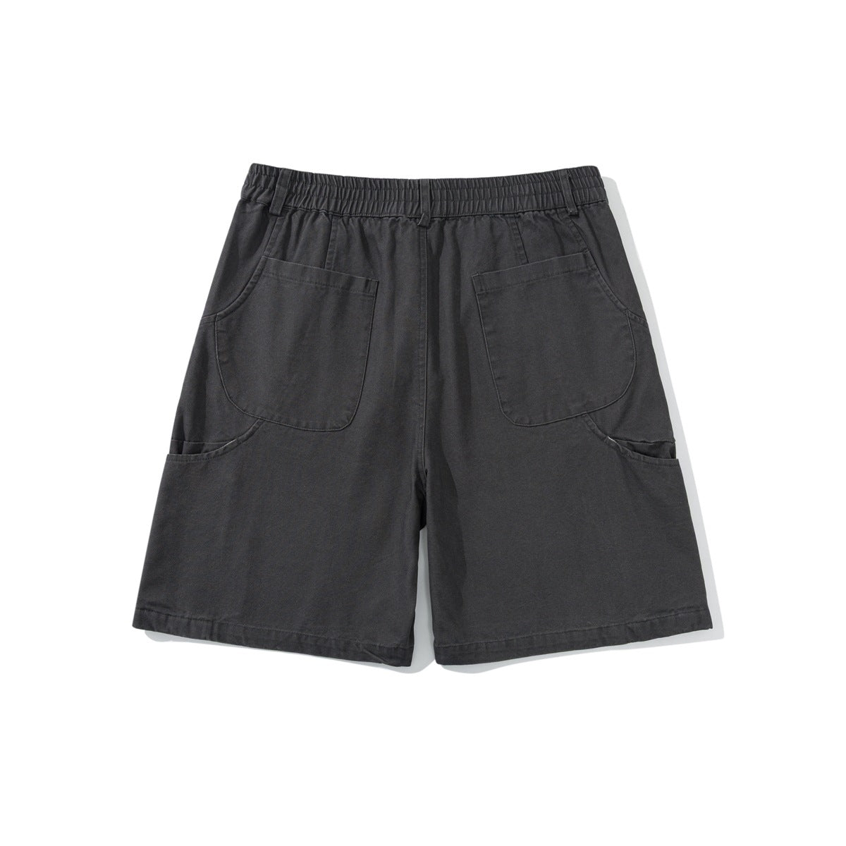 Back view of charcoal shorts with an elastic waistband, two patch pockets, and curved side pockets.