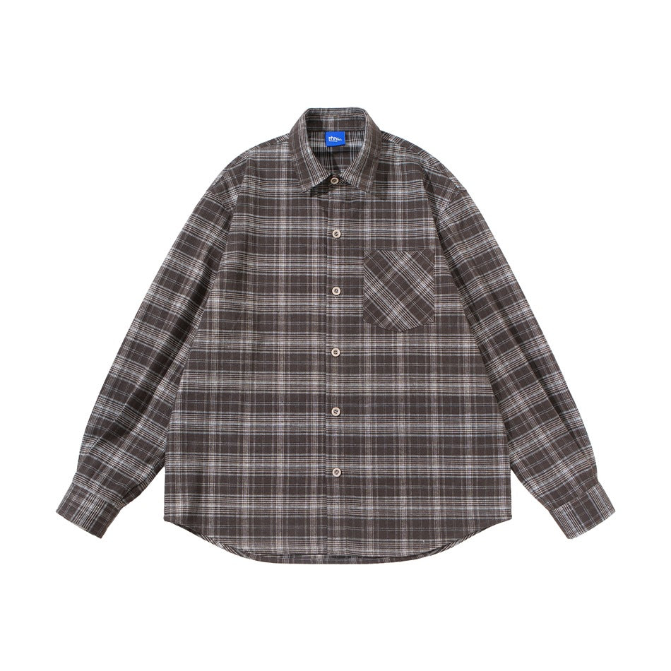 Brown plaid long-sleeve button-up shirt with chest pocket, flat lay front view