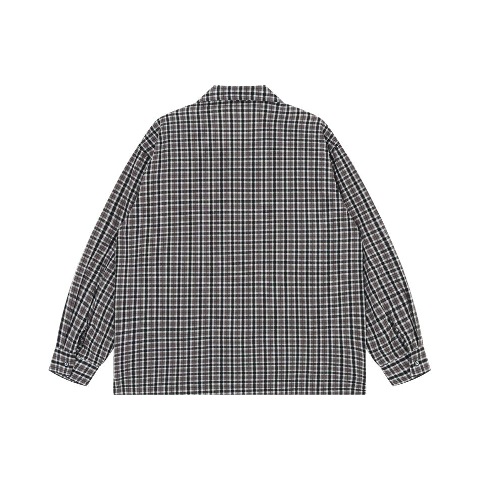 Back view of a black, gray, and white plaid long-sleeve button-up shirt laid flat on a white background.