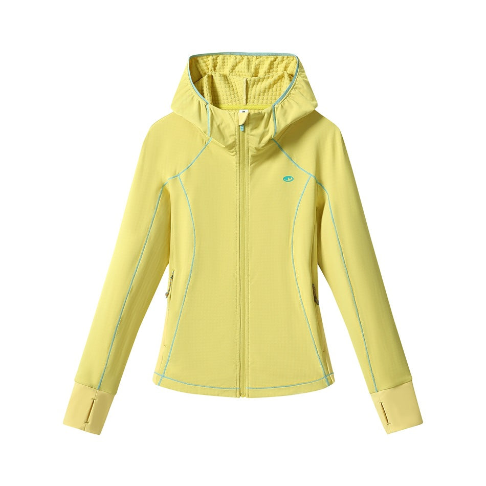 Yellow full-zip hooded jacket with light teal topstitching and thumbhole cuffs, flat front view