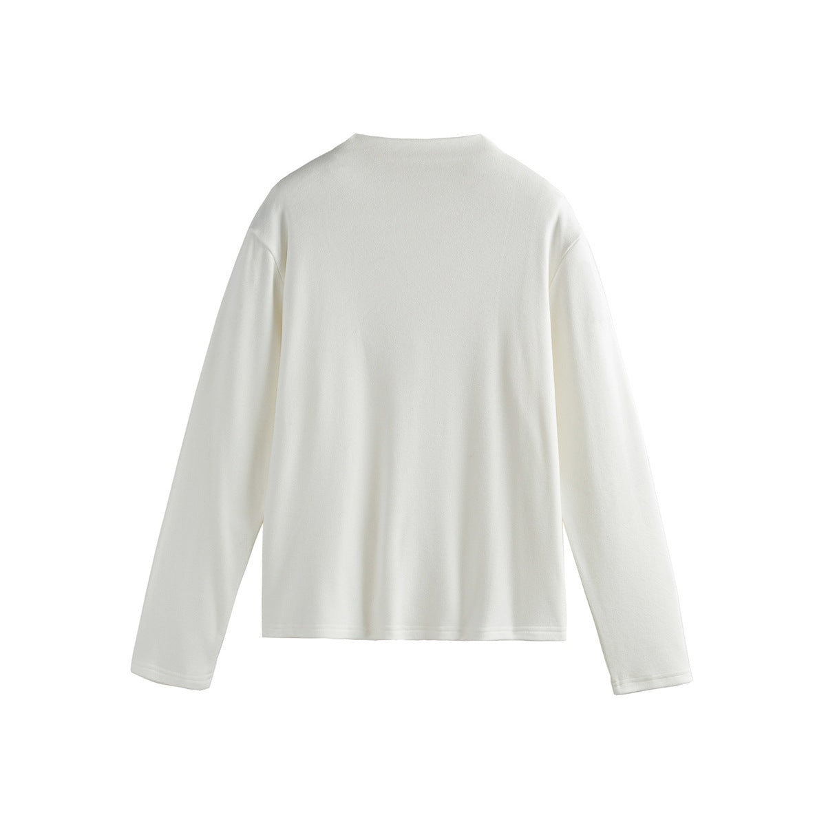 White long-sleeve top with plain smooth back and drop shoulders, flat lay on a white background