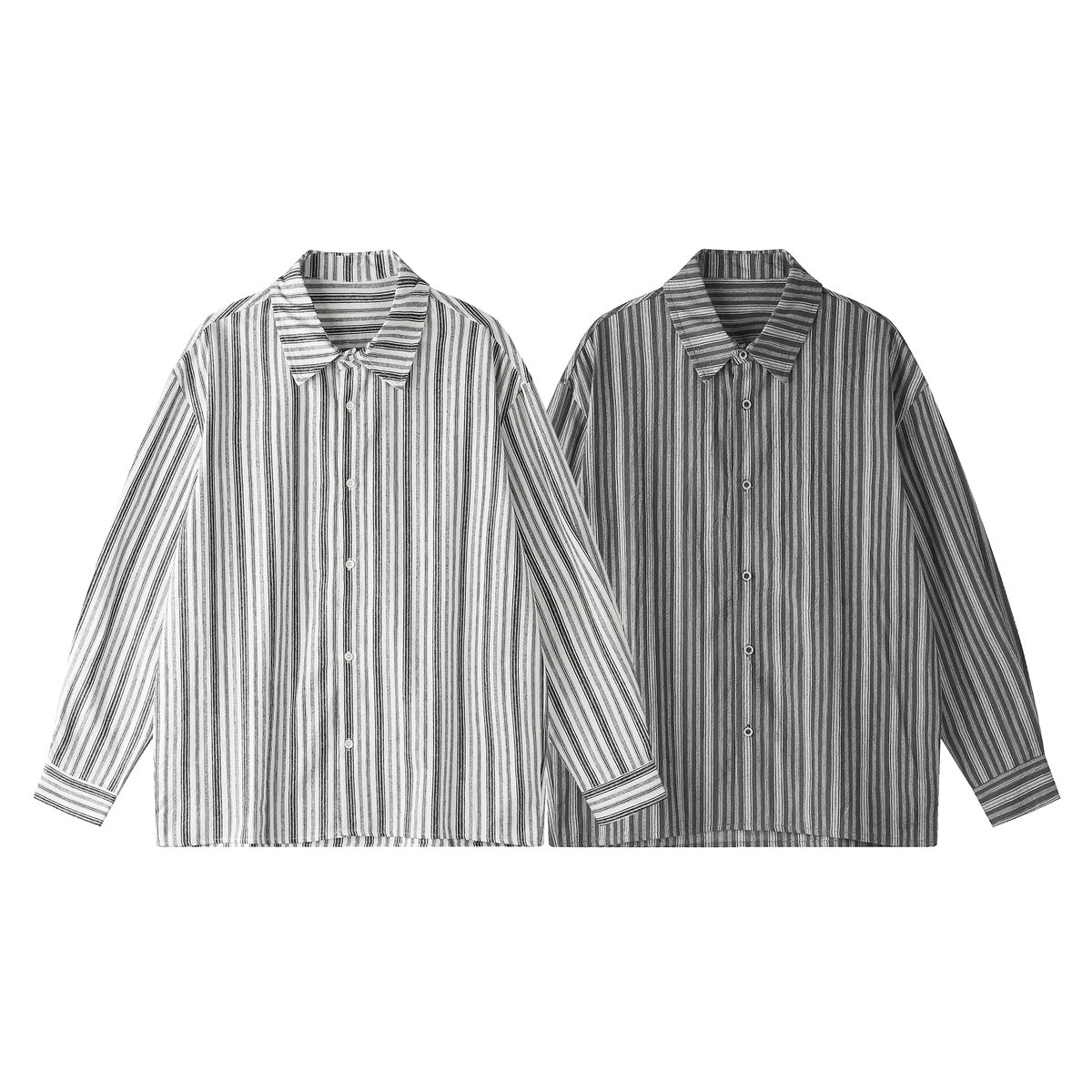 Two long-sleeve button-up shirts shown side by side: one white with dark vertical stripes and one dark gray with lighter