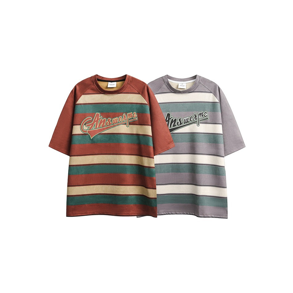 Two short-sleeve striped T-shirts shown side by side: rust red, teal, and beige; and gray, teal, and cream.