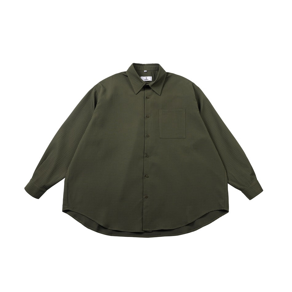 Army green textured long-sleeve button-up shirt with chest pocket, flat front view
