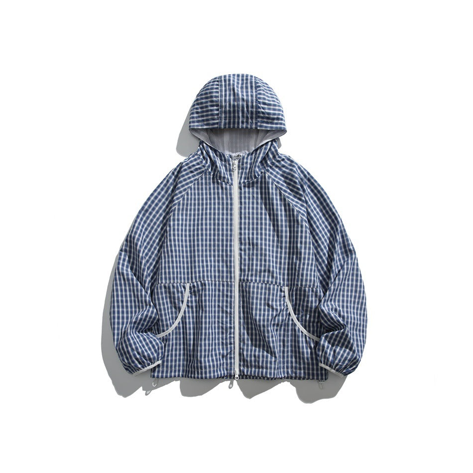 Blue and white check hooded zip jacket flat lay, front view, with curved pockets and light gray piping