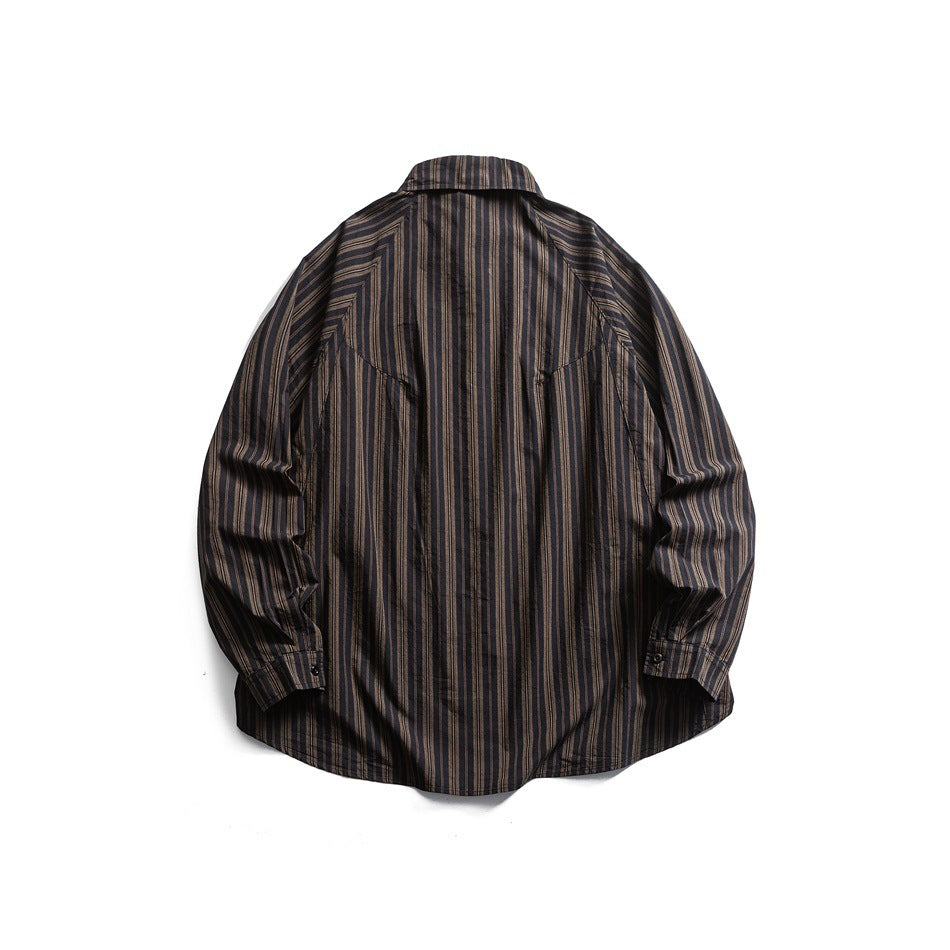 Back view of a dark button-up shirt with narrow brown vertical stripes, laid flat on white.