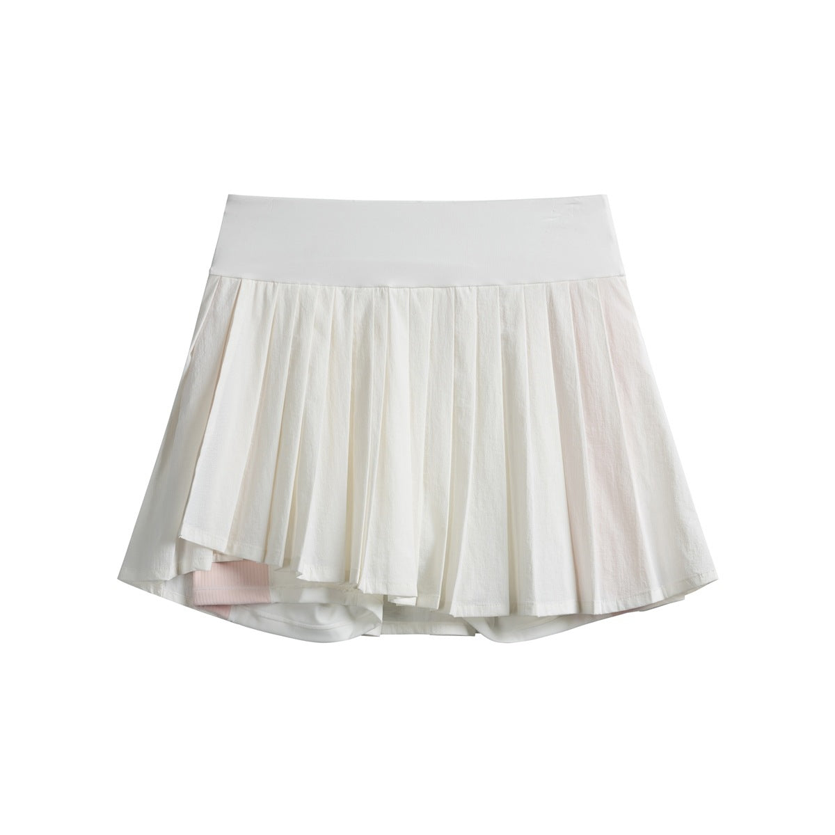 White high-waisted pleated mini skort, flat lay front view with pink accent on inner layer