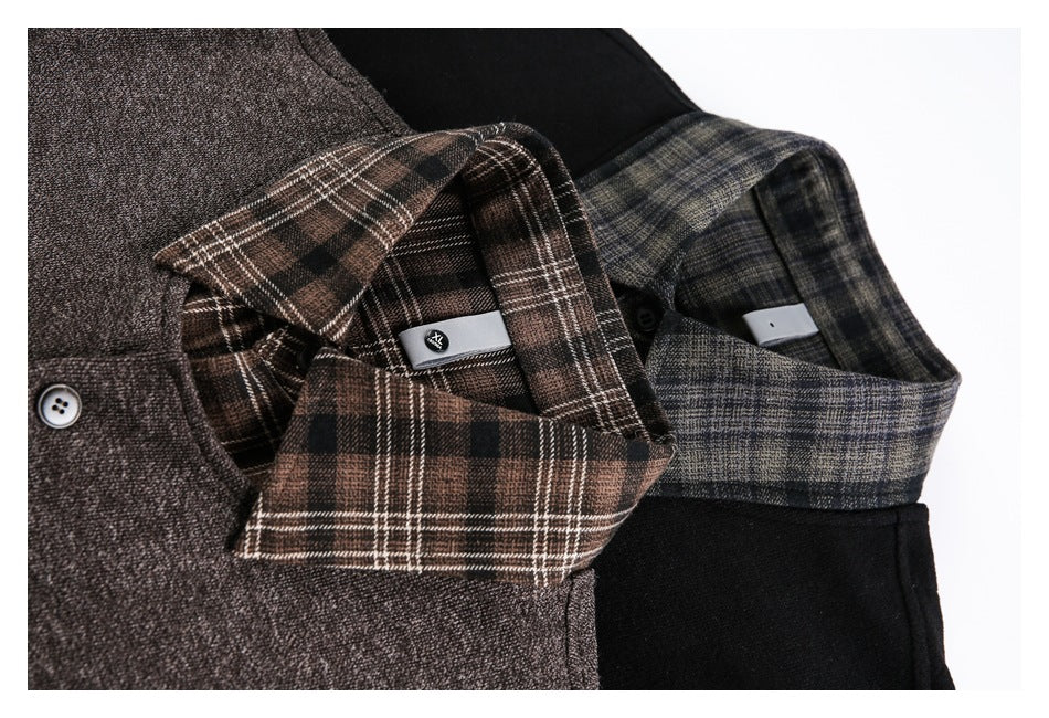 Close-up of brown and black shirt collars showing contrasting plaid patterns and buttons.