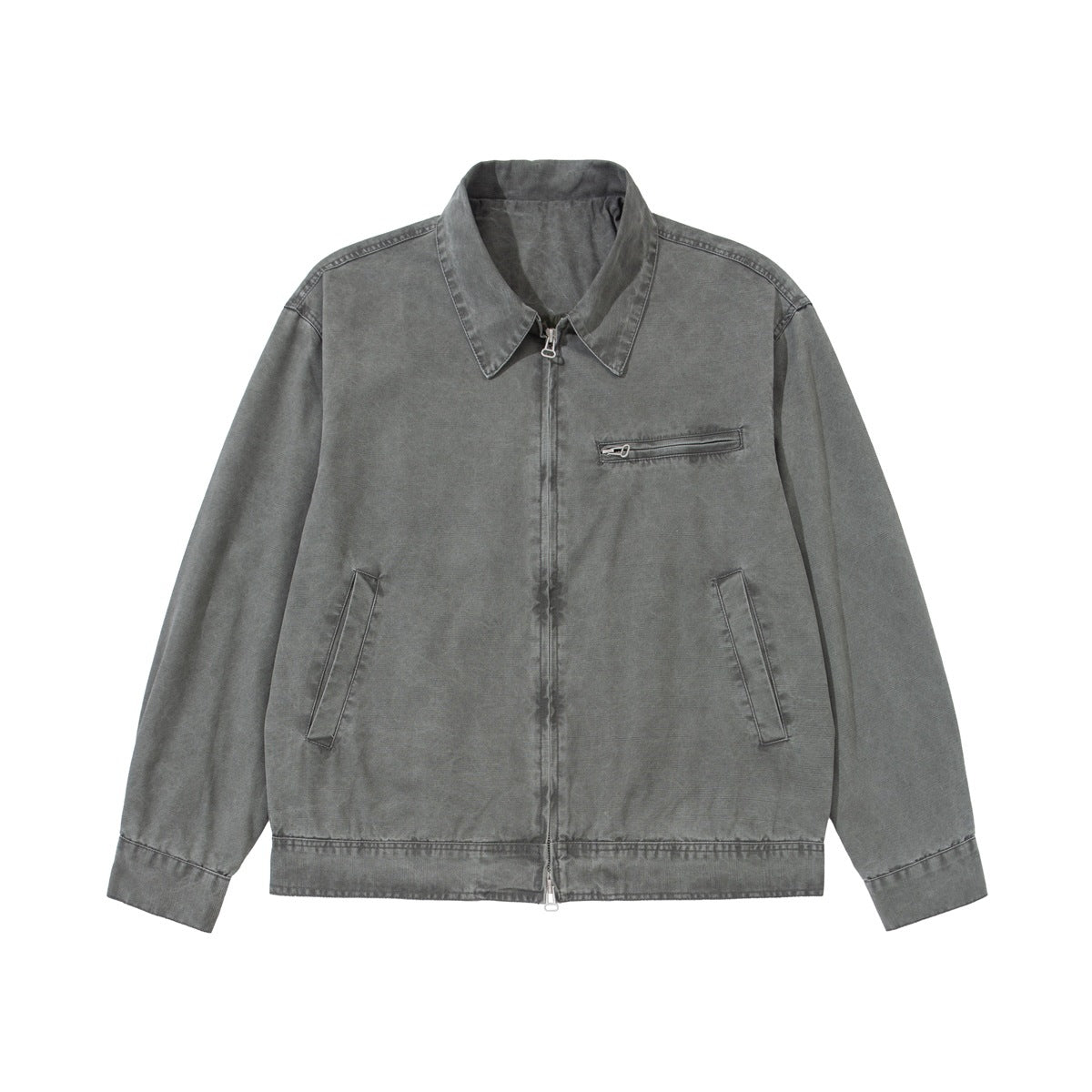 Gray washed zip-up collared jacket flat lay with chest zip pocket and slanted front pockets