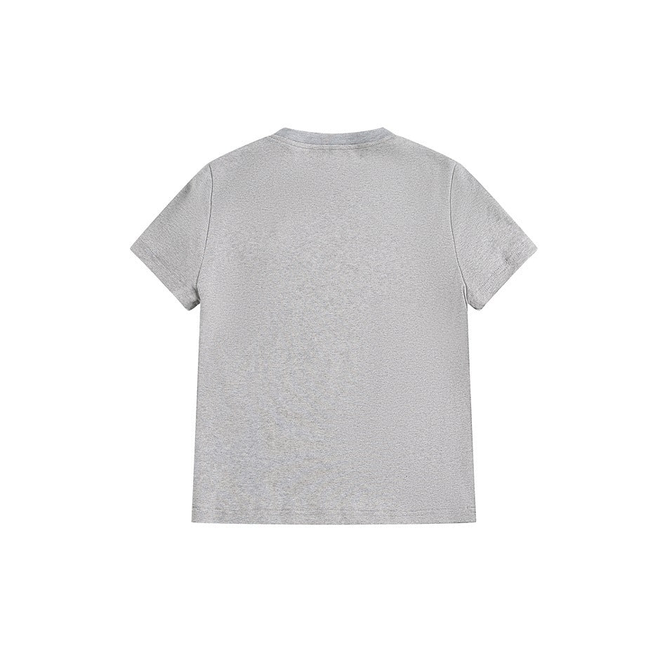 Back view of a plain gray short-sleeve crew-neck T-shirt, flat lay