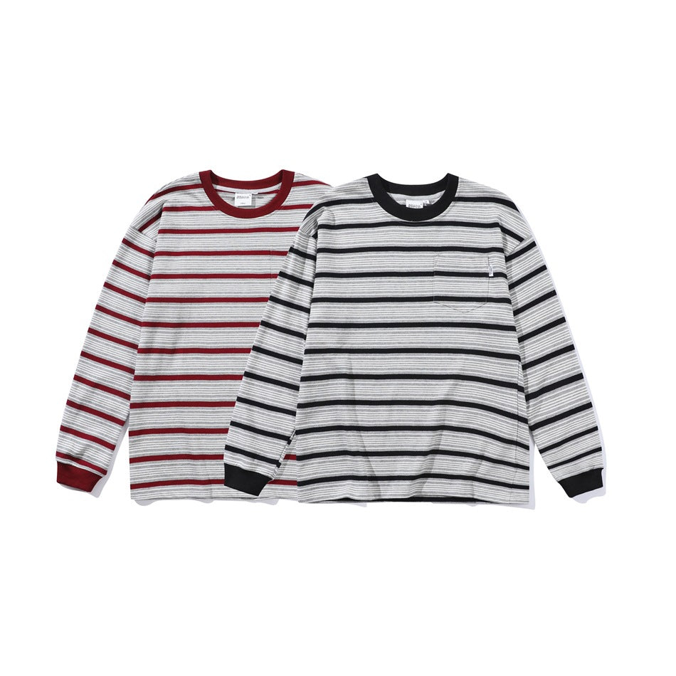 Two long-sleeve striped shirts: one with burgundy trim and stripes, the other with black trim and stripes.