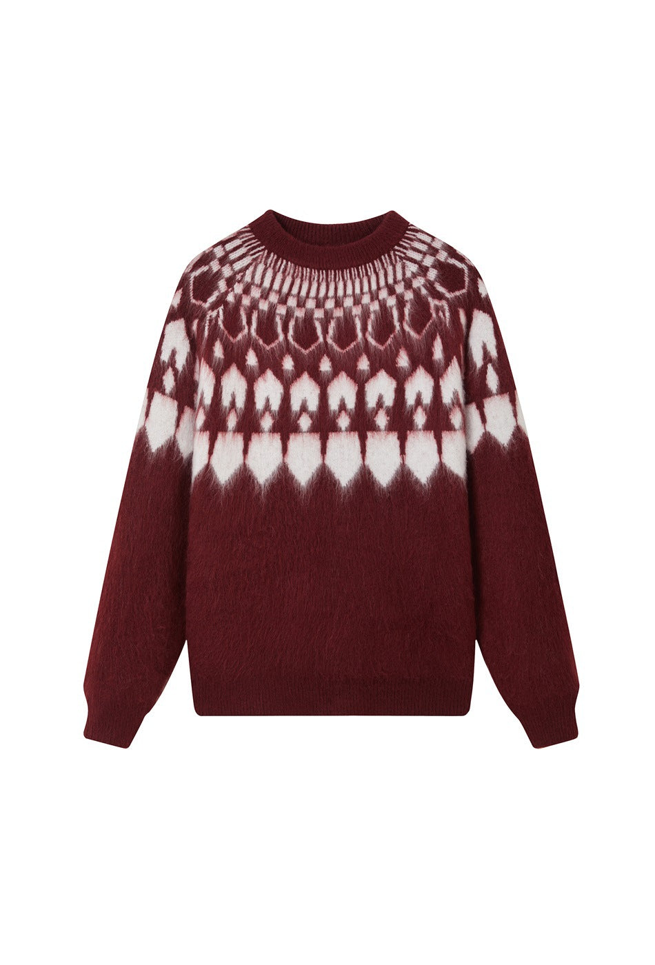 Burgundy knit sweater with white Fair Isle-style patterned yoke, ribbed round neck, cuffs and fuzzy texture, flat lay