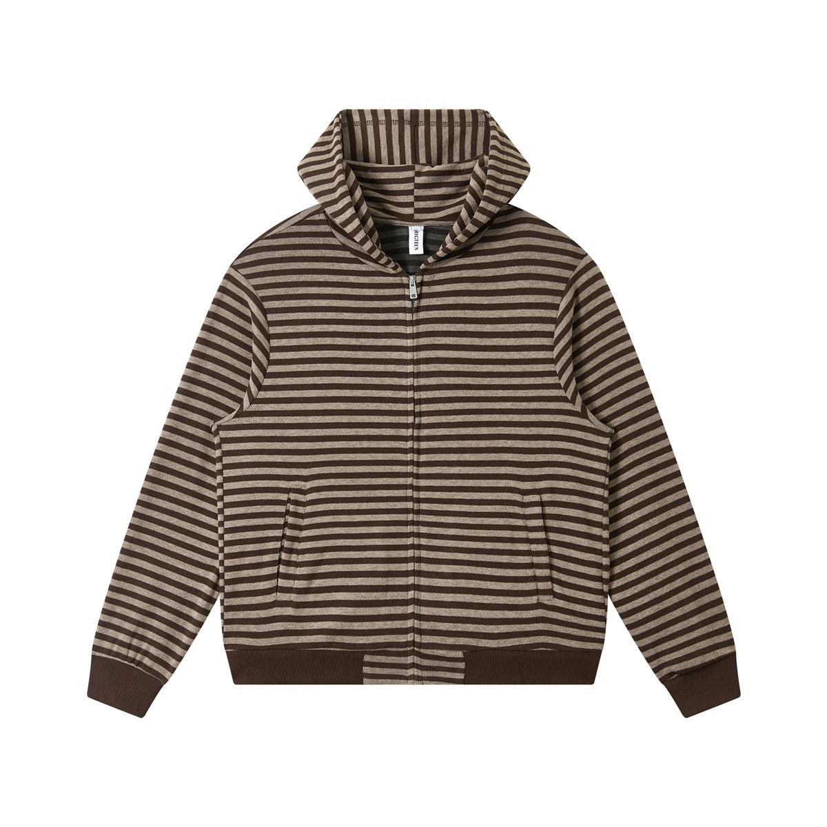 Coffee brown and taupe horizontally striped zip-up hoodie, flat lay front view with ribbed cuffs and hem