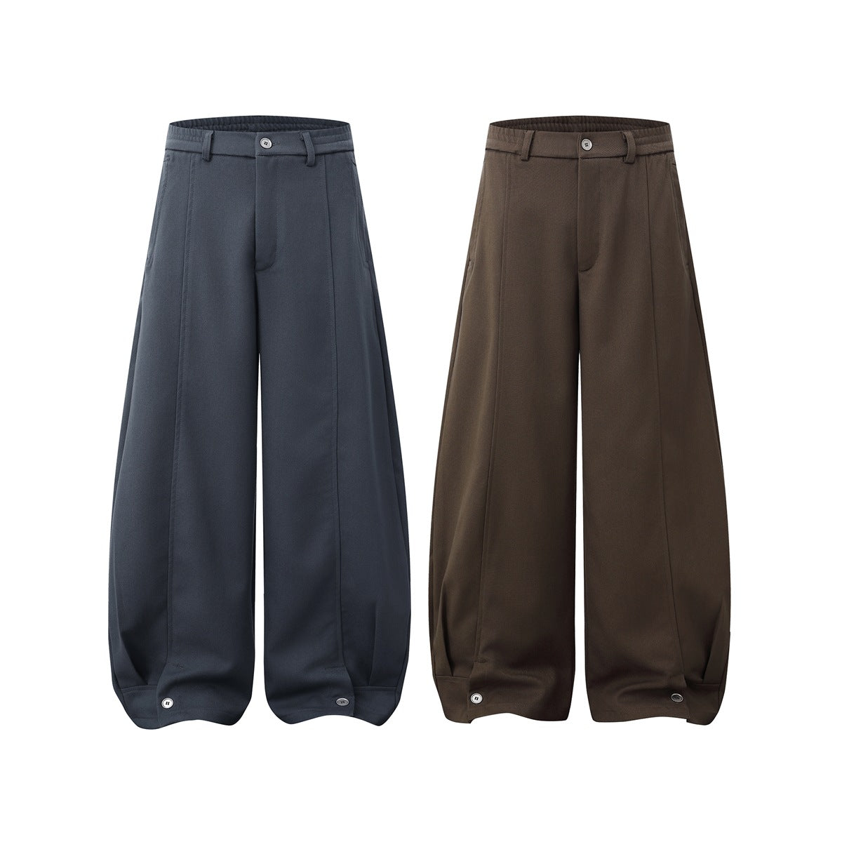 Two pairs of wide-leg trousers shown from the front in slate blue and dark brown, with buttoned cuffs.