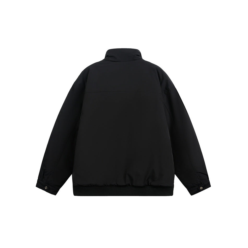 Back view of a plain black jacket with a raised collar, long sleeves, and ribbed hem.